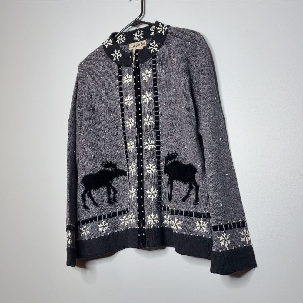 Timber Lea L Cardigan Black Gray Zip Up Snowflake Moose Winter